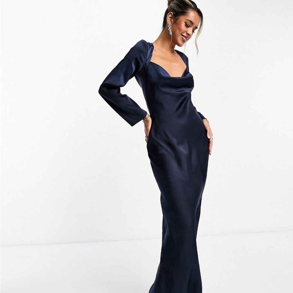 ASOS Design satin maxi dress with cowl neck and backless detail in blue